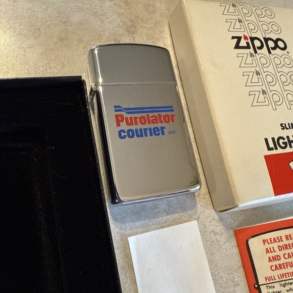 Vtg Purolator Courier High Polish Chrome Slim Zippo Lighter W/Box & Manual NEW - Picture 2 of 13